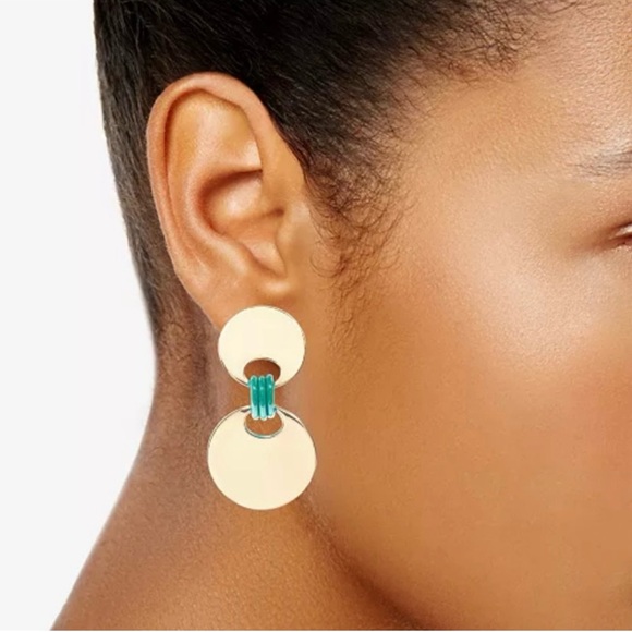 Gold and Green Two-Tiered Earrings with Geometric Design, NWT - Picture 3 of 5